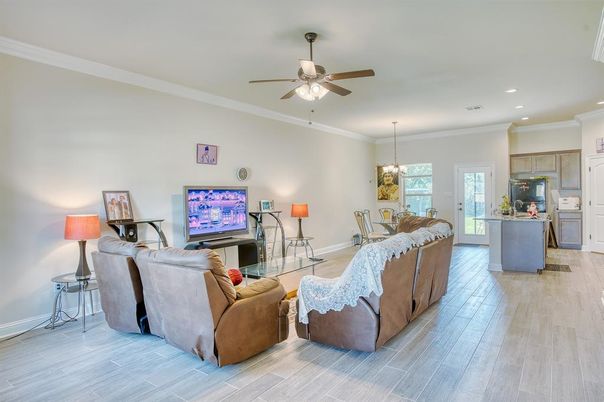 Chandelier, Dining room, Interior, Kitchen, Living room, Pendant Lights, Recessed Lighting, Wood Texture Flooring