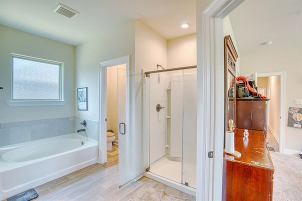 Bathroom, Glass Shower, Interior, Recessed Lighting, Wood Texture Flooring