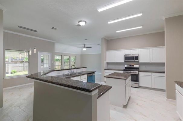 Interior, Kitchen, Marble, Pendant Lights, Recessed Lighting, Stainless Steel Appliances