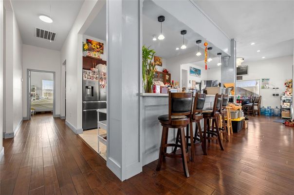 Dining room, Interior, Pendant Lights, Recessed Lighting, Wood Texture Flooring