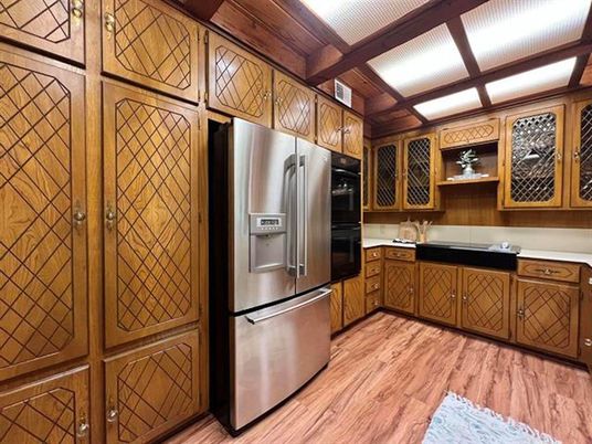 Interior, Kitchen, Stainless Steel Appliances, Wooden Beams, Wooden Ceilings, Wood Texture Flooring, Wooden Walls