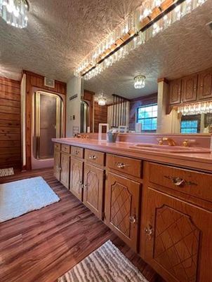 Bathroom, Chandelier, Interior, Kitchen, Wood Texture Flooring, Wooden Walls
