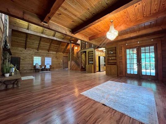 Chandelier, Empty room, Fireplace, Interior, Stone Walls, Wooden Beams, Wooden Ceilings, Wood Texture Flooring, Wooden Walls