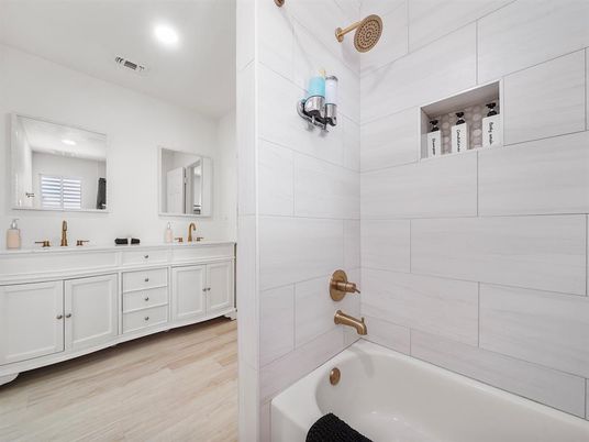 Bathroom, Dual Sink Vanities, Interior, Recessed Lighting, Wood Texture Flooring