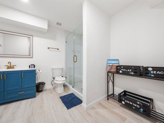 Bathroom, Glass Shower, Interior, Recessed Lighting, Wood Texture Flooring