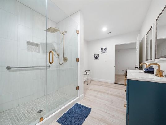 Bathroom, Glass Shower, Interior, Recessed Lighting, Wood Texture Flooring