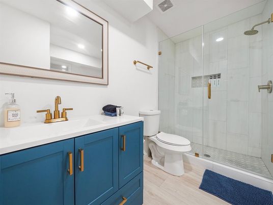Bathroom, Glass Shower, Interior, Recessed Lighting, Wood Texture Flooring