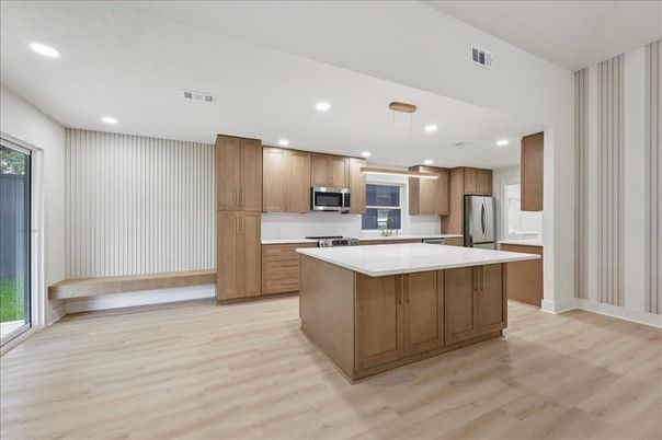 Interior, Kitchen, Pendant Lights, Recessed Lighting, Stainless Steel Appliances, Wood Texture Flooring