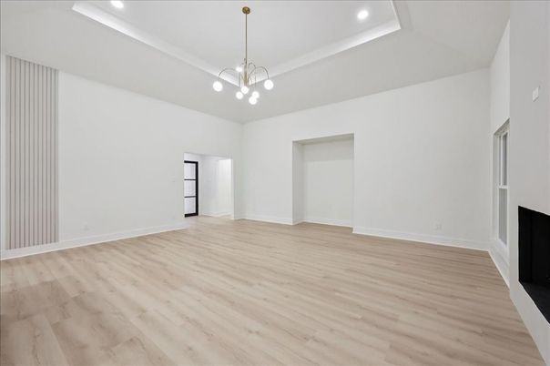 Empty room, Interior, Pendant Lights, Recessed Lighting, Wood Texture Flooring