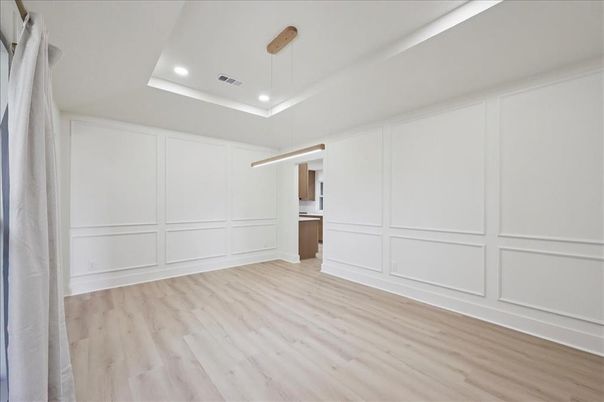 Empty room, Interior, Pendant Lights, Recessed Lighting, Wood Texture Flooring