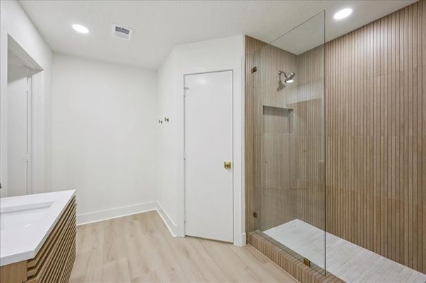 Bathroom, Glass Shower, Interior, Recessed Lighting, Wood Texture Flooring