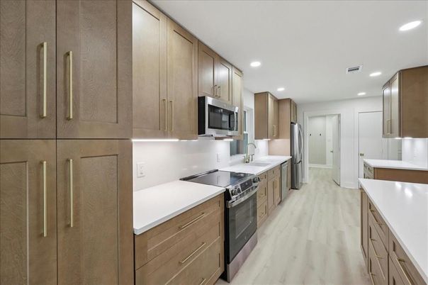 Interior, Kitchen, Recessed Lighting, Stainless Steel Appliances, Wood Texture Flooring