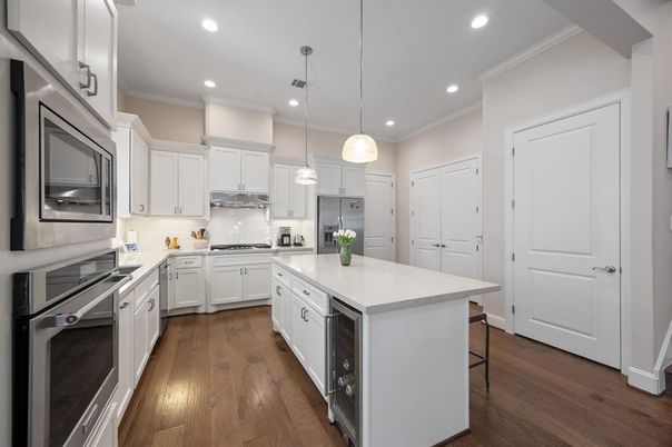 Interior, Kitchen, Pendant Lights, Recessed Lighting, Stainless Steel Appliances, Wood Texture Flooring