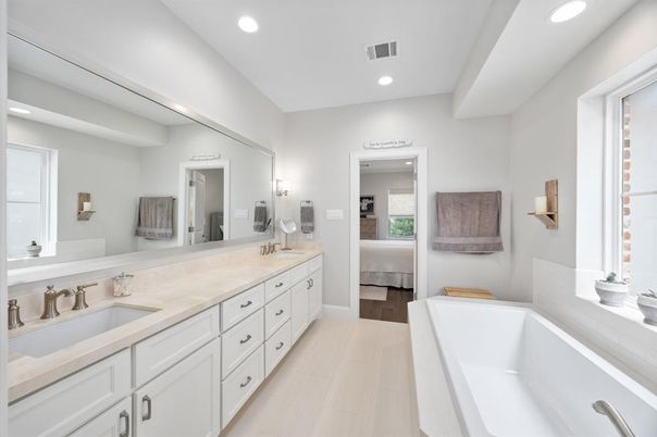 Bathroom, Dual Sink Vanities, Interior, Recessed Lighting, Wood Texture Flooring