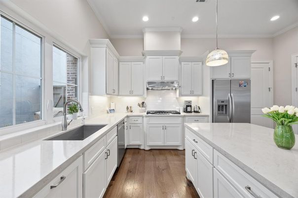 Interior, Kitchen, Pendant Lights, Recessed Lighting, Stainless Steel Appliances, Wood Texture Flooring