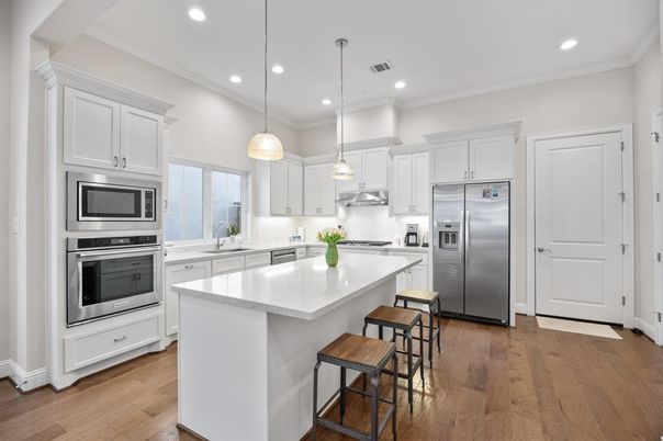 Interior, Kitchen, Pendant Lights, Recessed Lighting, Stainless Steel Appliances, Wood Texture Flooring