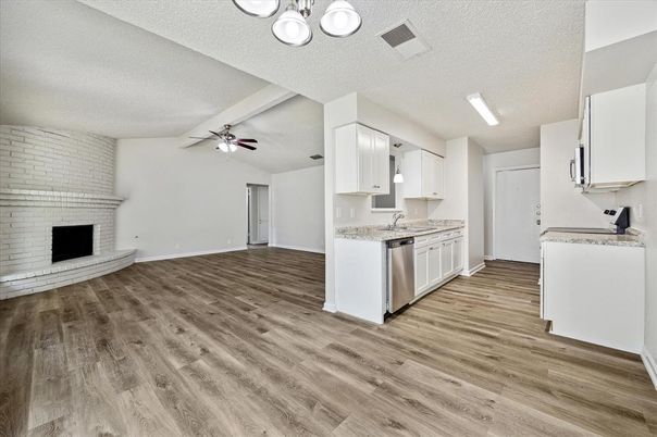 Empty room, Fireplace, Interior, Kitchen, Stone Walls, Wood Texture Flooring