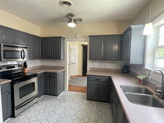 Interior, Kitchen, Pendant Lights, Stainless Steel Appliances, Wood Texture Flooring