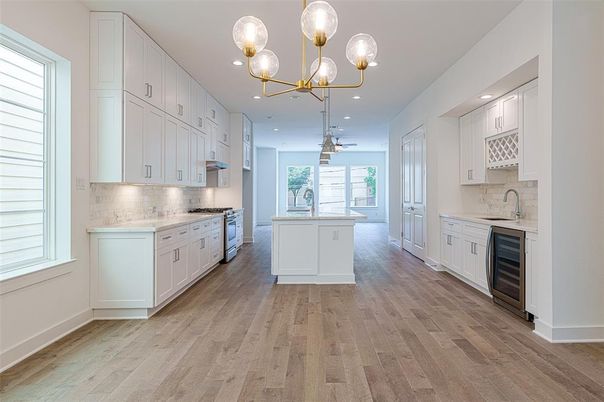 Interior, Kitchen, Pendant Lights, Recessed Lighting, Wood Texture Flooring