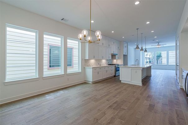 Interior, Kitchen, Pendant Lights, Recessed Lighting, Wood Texture Flooring