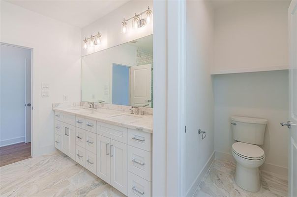Bathroom, Dual Sink Vanities, Interior, Marble, Wood Texture Flooring