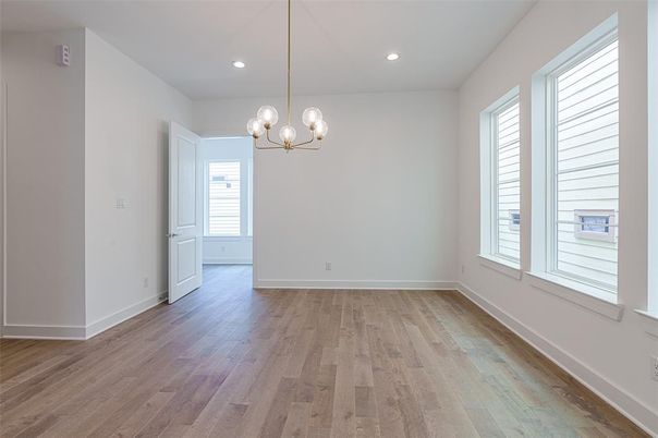 Chandelier, Empty room, Interior, Recessed Lighting, Wood Texture Flooring