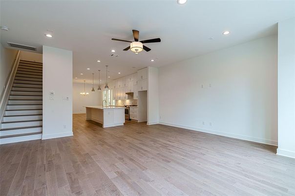 Empty room, Interior, Kitchen, Pendant Lights, Recessed Lighting, Wood Texture Flooring