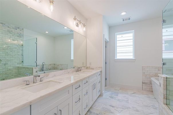 Bathroom, Dual Sink Vanities, Glass Shower, Interior, Marble, Recessed Lighting
