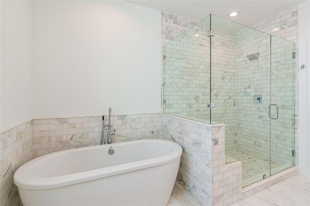 Bathroom, Free Standing Baths, Glass Shower, Interior, Marble, Recessed Lighting