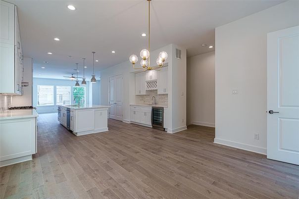 Interior, Kitchen, Pendant Lights, Recessed Lighting, Wood Texture Flooring