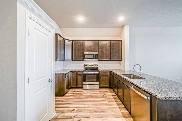 Interior, Kitchen, Recessed Lighting, Stainless Steel Appliances, Wood Texture Flooring