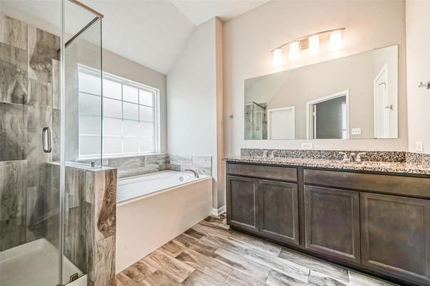Bathroom, Dual Sink Vanities, Glass Shower, Interior, Wood Texture Flooring