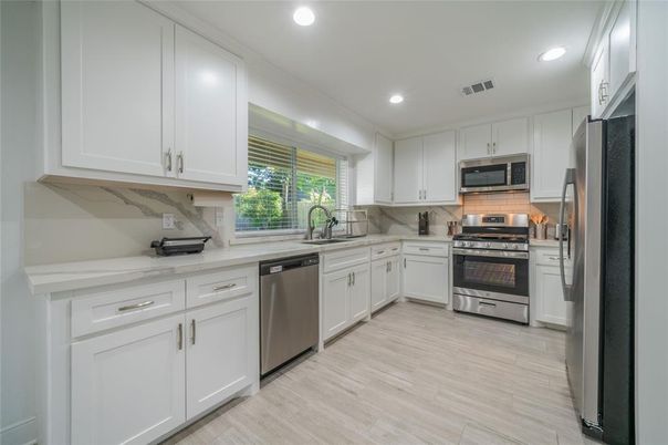 Interior, Kitchen, Recessed Lighting, Stainless Steel Appliances, Wood Texture Flooring