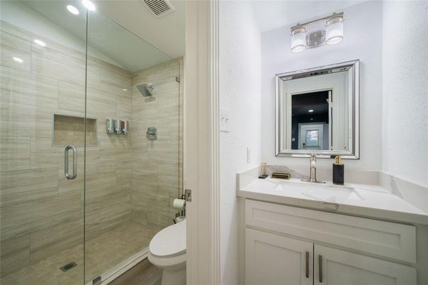 Bathroom, Glass Shower, Interior, Recessed Lighting