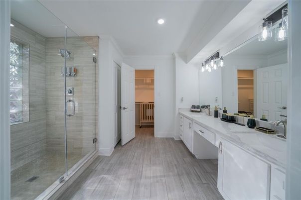 Bathroom, Dual Sink Vanities, Glass Shower, Interior, Recessed Lighting