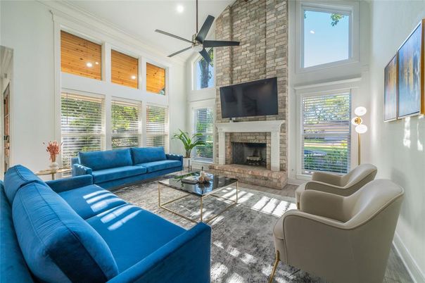 Fireplace, Interior, Living room, Recessed Lighting, Stone Walls