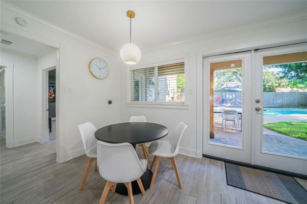 Dining room, Interior, Pendant Lights, Wood Texture Flooring