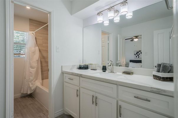 Bathroom, Dual Sink Vanities, Interior, Recessed Lighting, Wood Texture Flooring