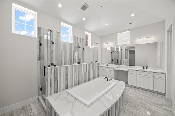 Bathroom, Dual Sink Vanities, Glass Shower, Interior, Recessed Lighting, Wood Texture Flooring