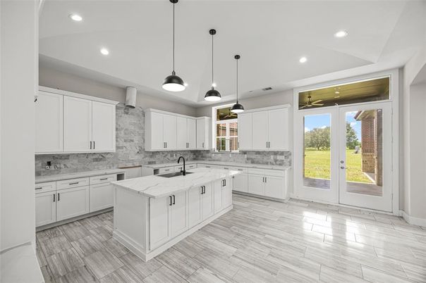 Interior, Kitchen, Marble Walls, Pendant Lights, Recessed Lighting, Wood Texture Flooring