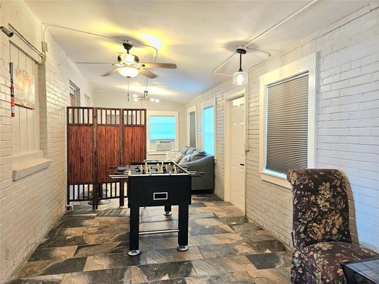 Game Room, Interior, Pendant Lights, Stone Walls