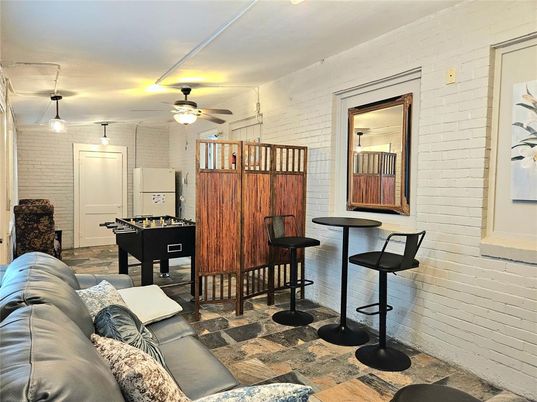 Billiard Table, Game Room, Interior, Pendant Lights, Stone Walls