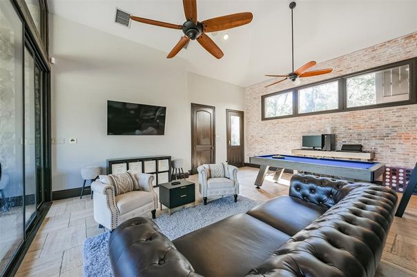 Billiard Table, Game Room, Interior, Living room, Recessed Lighting, Stone Walls, Wood Texture Flooring