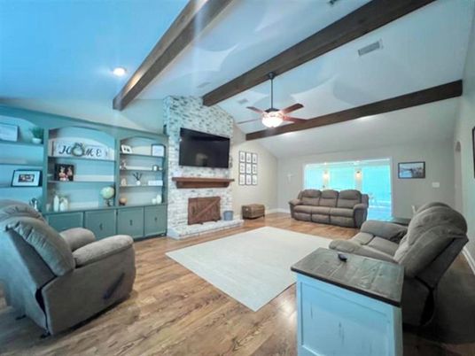 Fireplace, Interior, Living room, Recessed Lighting, Stone Walls, Wooden Beams, Wood Texture Flooring