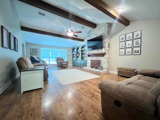Fireplace, Interior, Living room, Stone Walls, Wooden Beams, Wood Texture Flooring