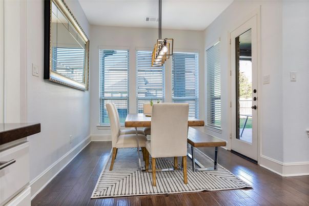 Dining room, Interior, Pendant Lights, Wood Texture Flooring
