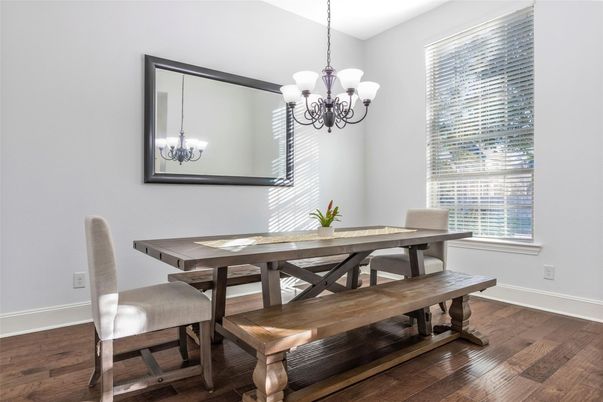 Chandelier, Dining room, Interior, Wood Texture Flooring