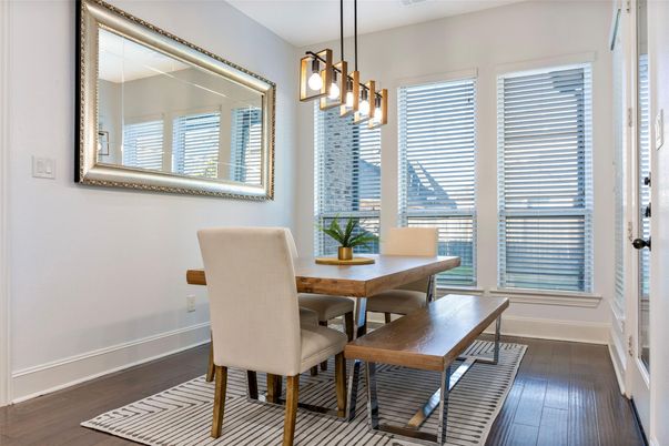 Dining room, Interior, Pendant Lights, Wood Texture Flooring