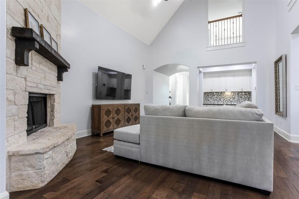 Fireplace, Interior, Living room, Stone Walls, Wood Texture Flooring