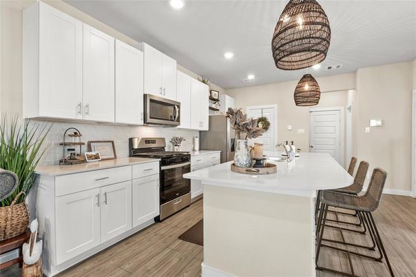 Interior, Kitchen, Pendant Lights, Recessed Lighting, Stainless Steel Appliances, Wood Texture Flooring
